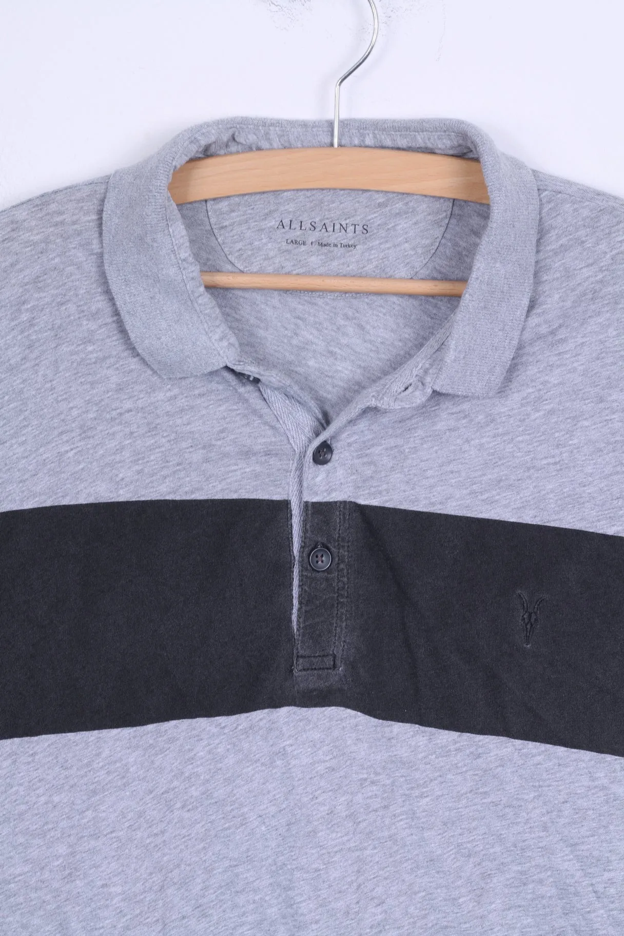 All Saints Mens S Polo Shirt Grey Cotton Stretch Short Sleeve