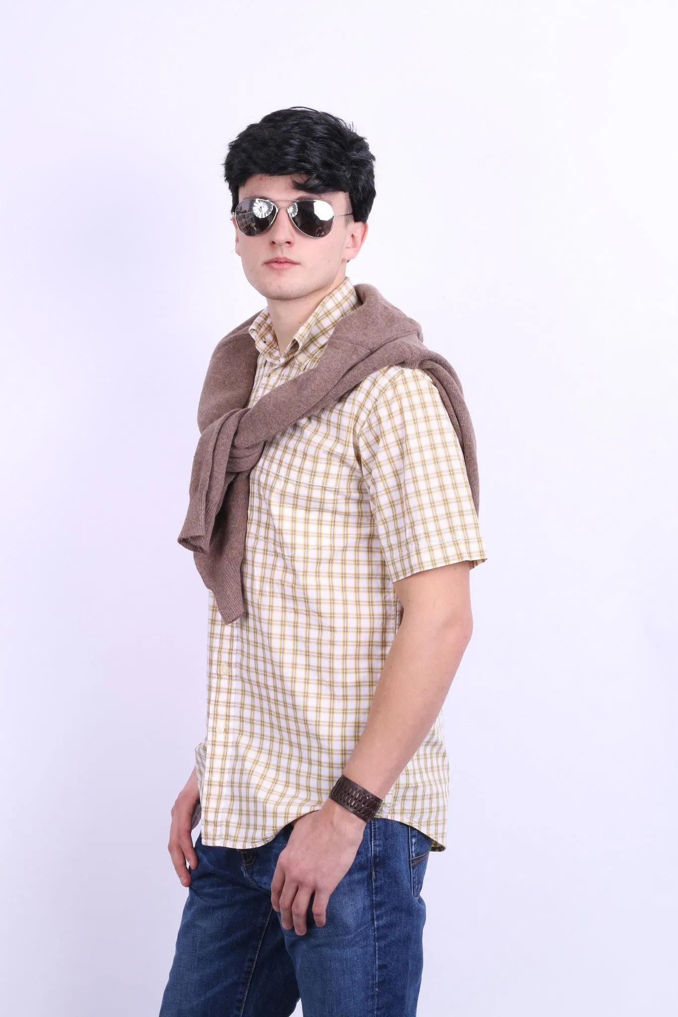 A.W. Dunmore Mens S Casual Shirt Check Yellow Cotton Short Sleeve