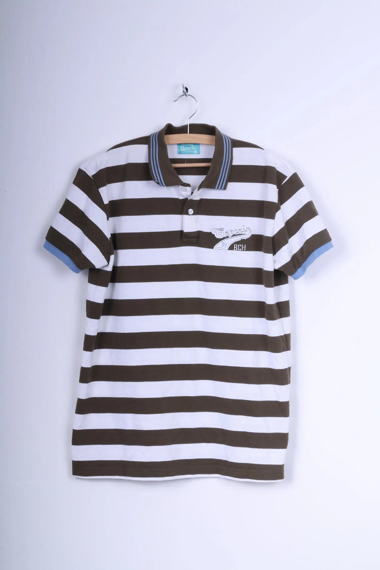 Bench Mens L Polo Shirt Brown White Striped Cotton Captain Short Sleeve