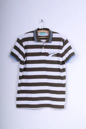 Bench Mens L Polo Shirt Brown White Striped Cotton Captain Short Sleeve