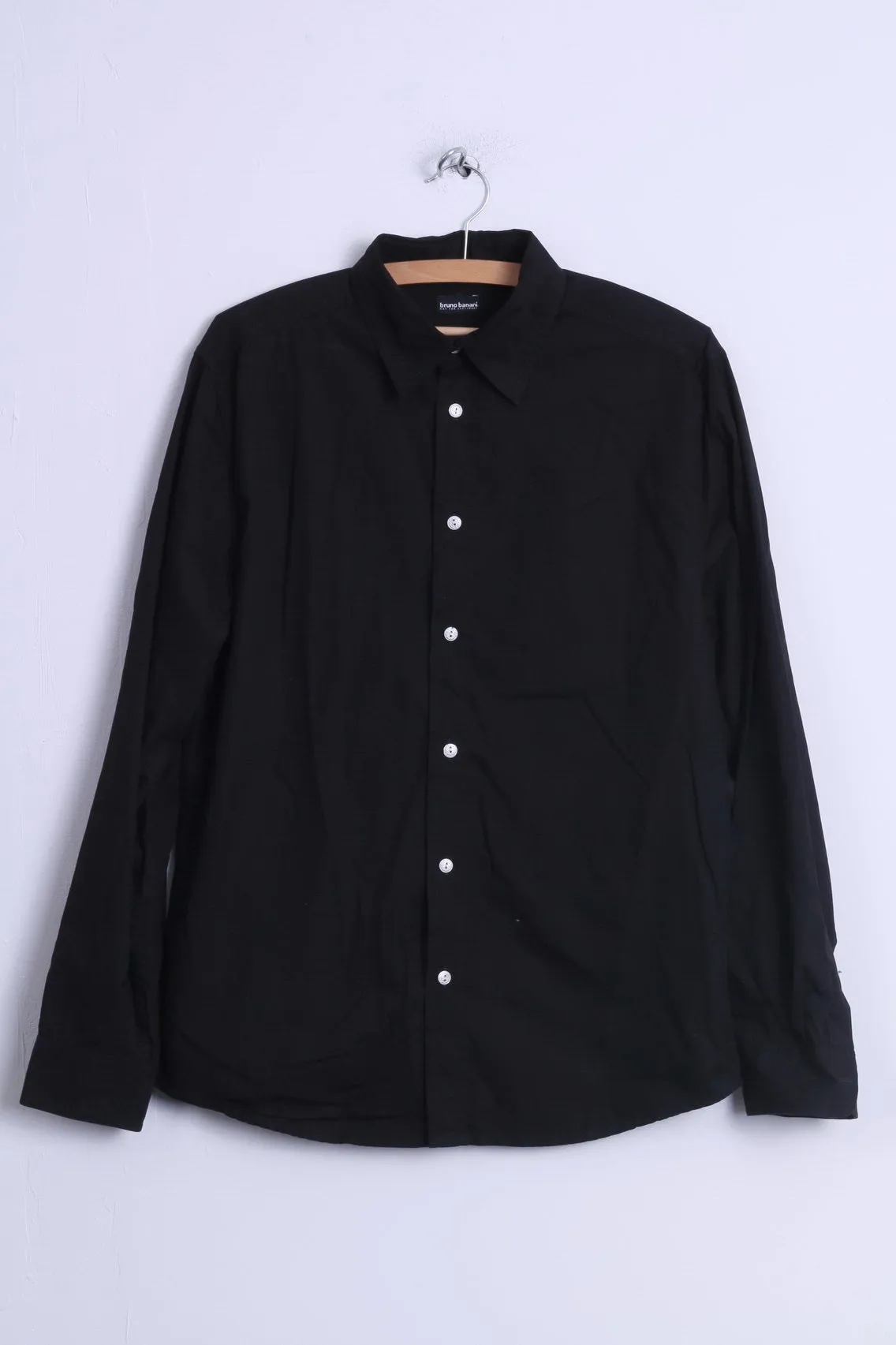 Bruno Banani Mens S Casual Shirt  Black Cotton Silver Buttons Long Sleeve Embroidered Back