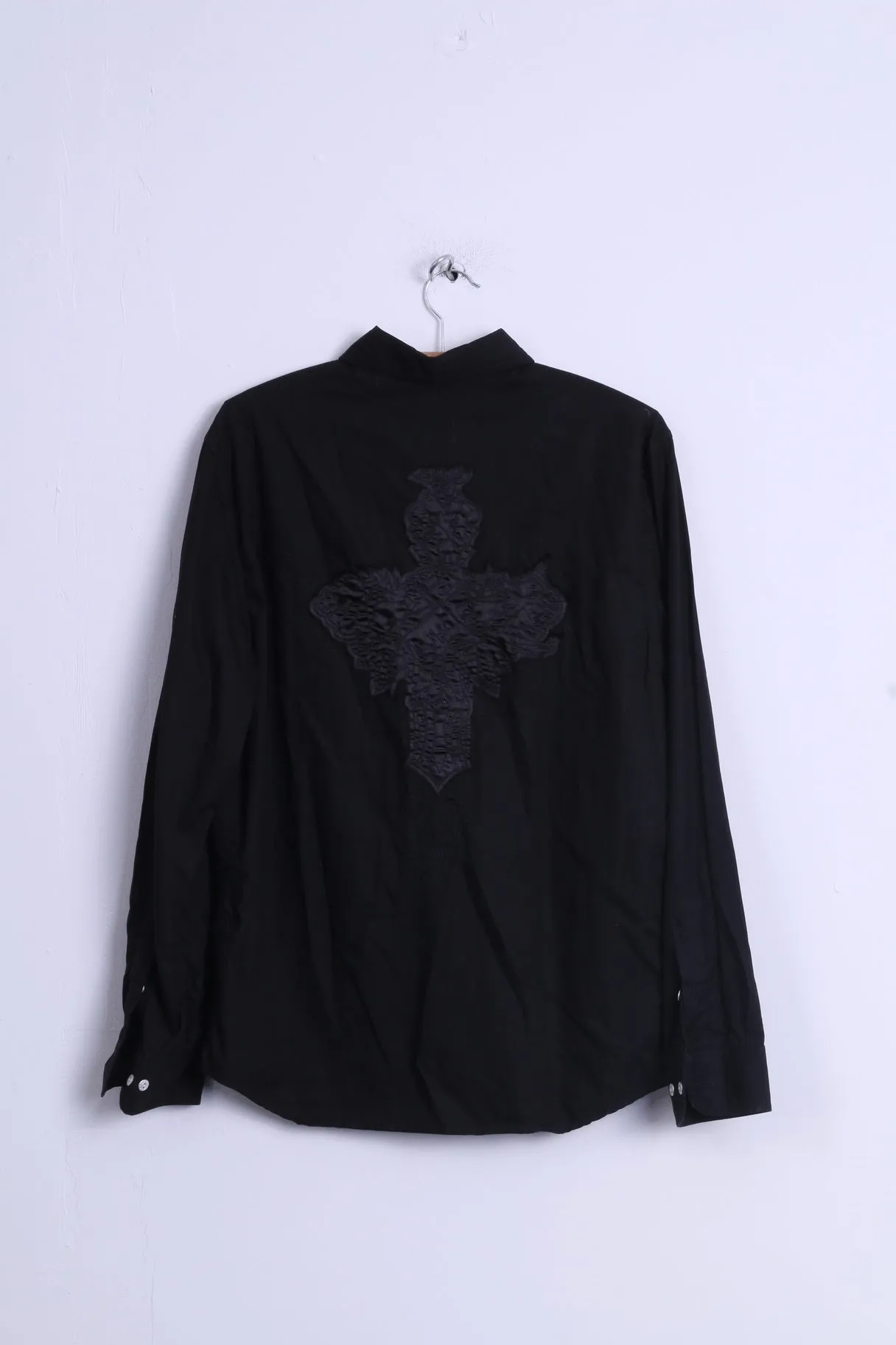 Bruno Banani Mens S Casual Shirt  Black Cotton Silver Buttons Long Sleeve Embroidered Back