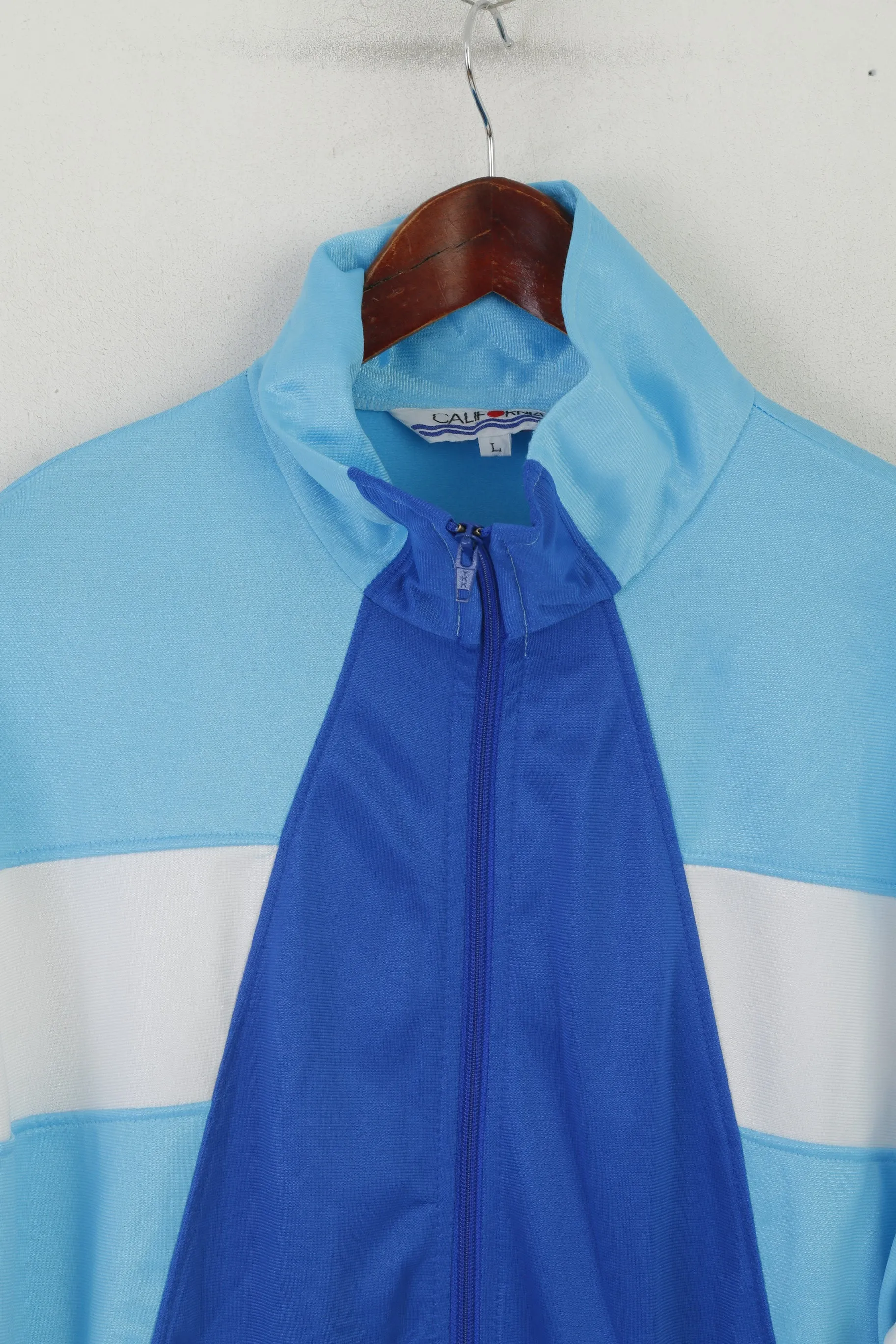 Californian Men L Sweatshirt Blue Shiny Retro Zip Up Sportswear Track Top