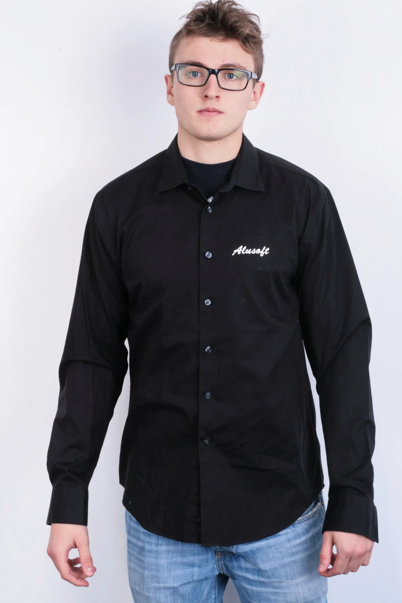 Calvin Klein Mens 42 16.5 XL Casual Shirt Black Cotton Slim Fit
