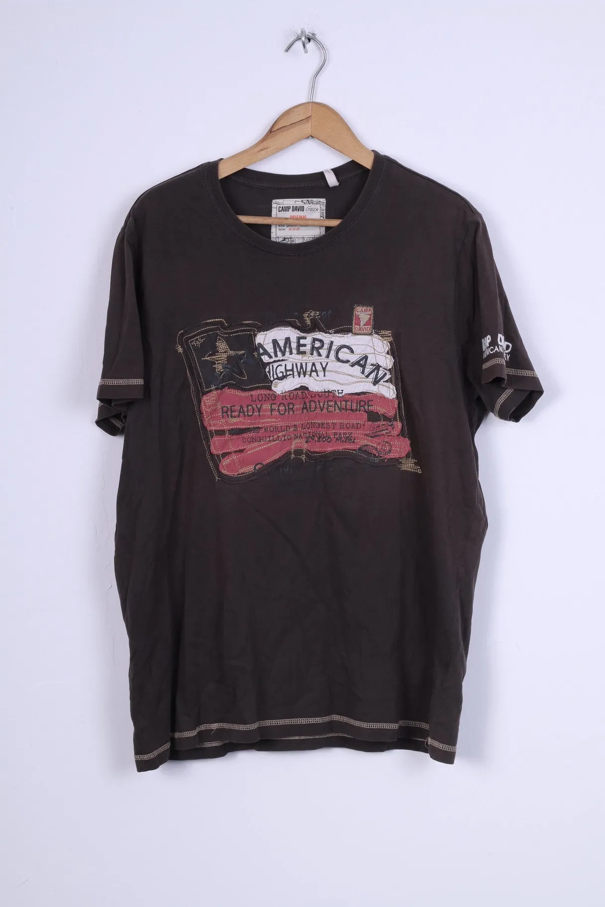 Camp David Mens XL T-Shirt Brown Outdoor Wear Cotton Graphic Top