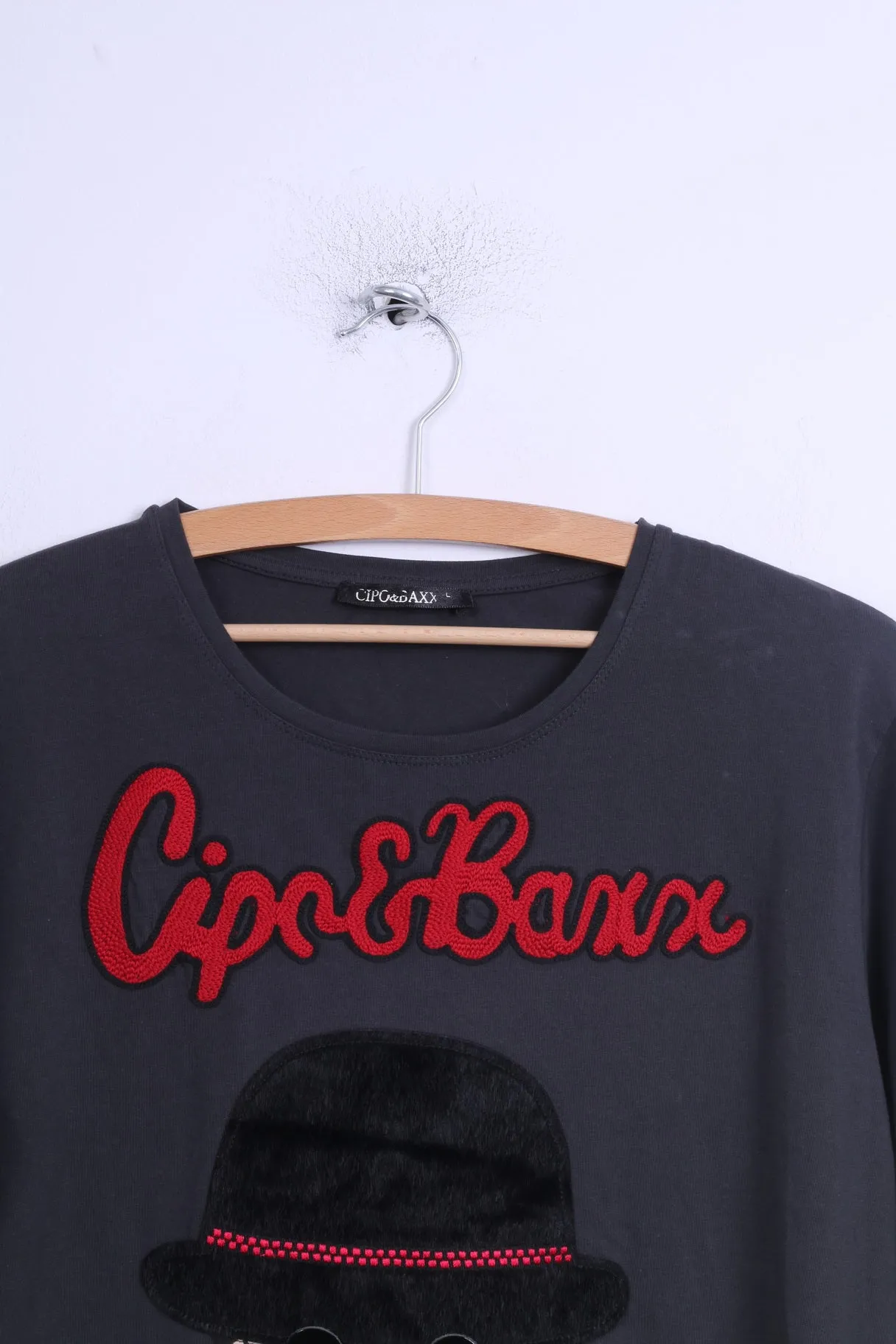 Cipo & Baxx Mens L Long Sleeved Shirt Cotton Grey Graphic Embroidered Guy