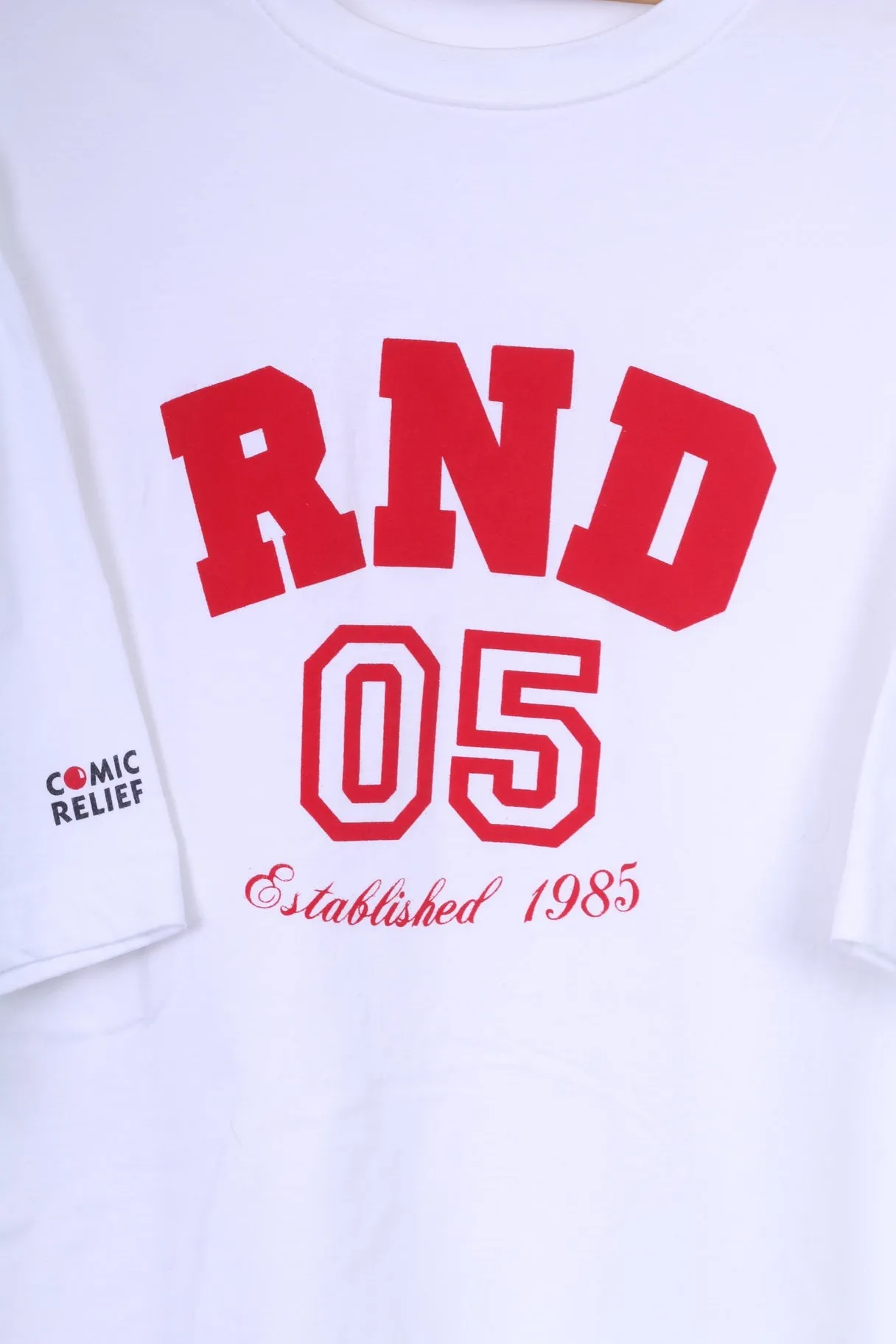 Comic Relief RND 05 Mens XL T-Shirt Graphic White Cotton Established 1985 Summer
