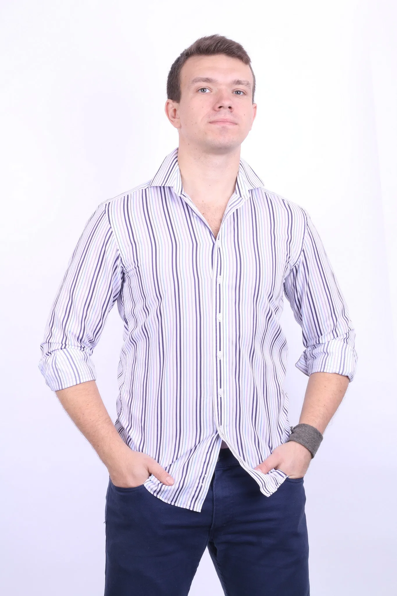 Daniel Hechter Mens 15 S Casual Shirt Cotton White Striped