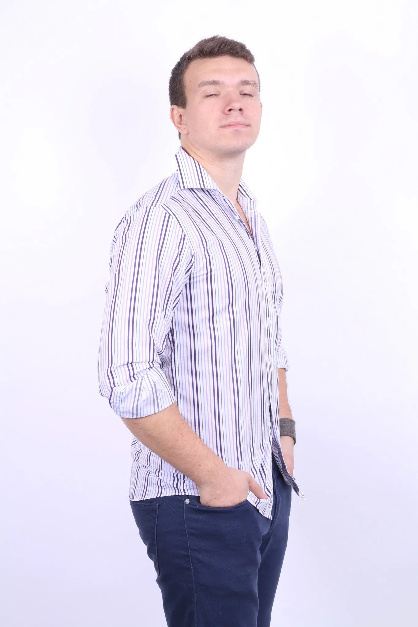 Daniel Hechter Mens 15 S Casual Shirt Cotton White Striped