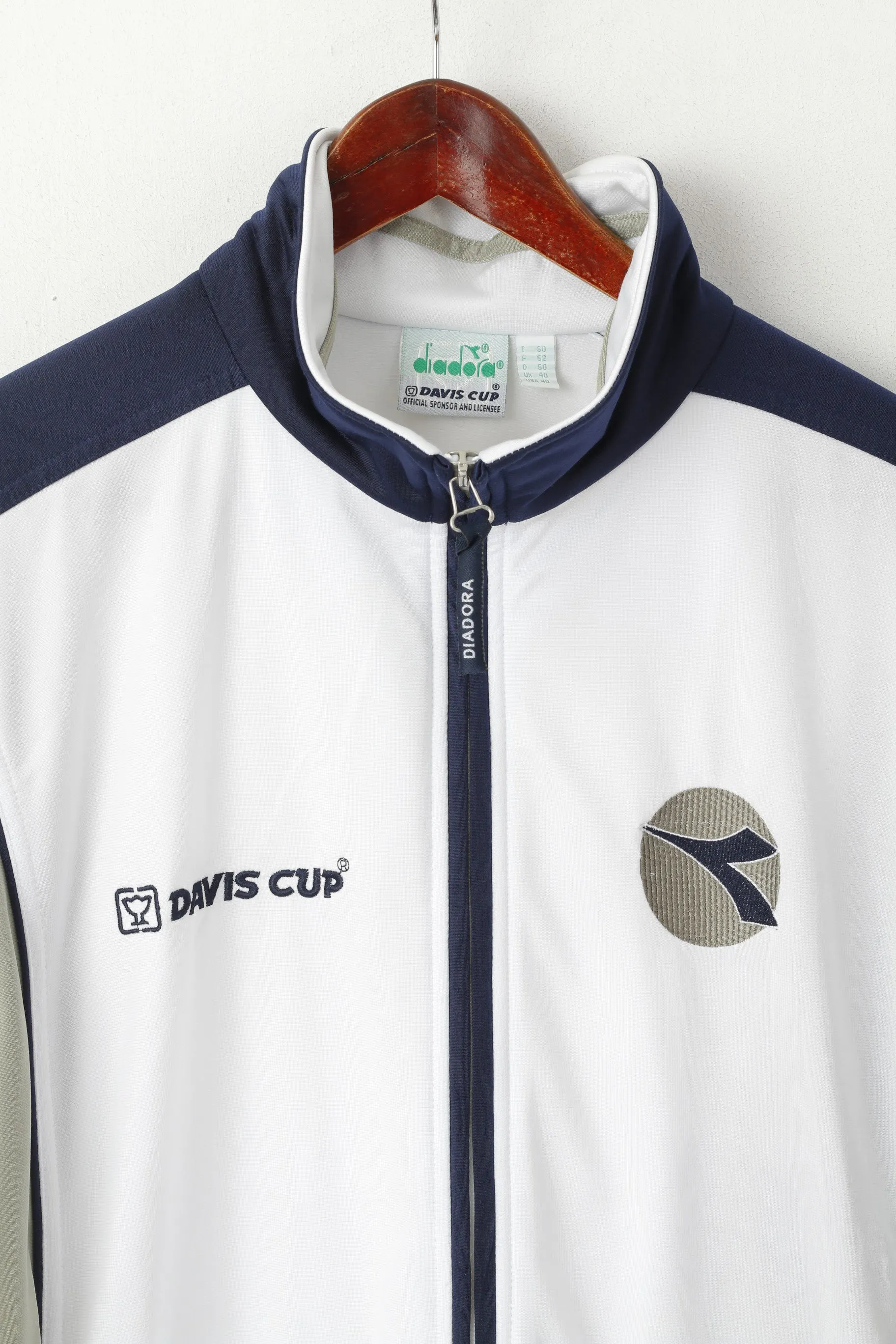 Diadora Davis Cup Men 40 50 L Sweatshirt White Vintage Tennis Snap Sleeve Track Top