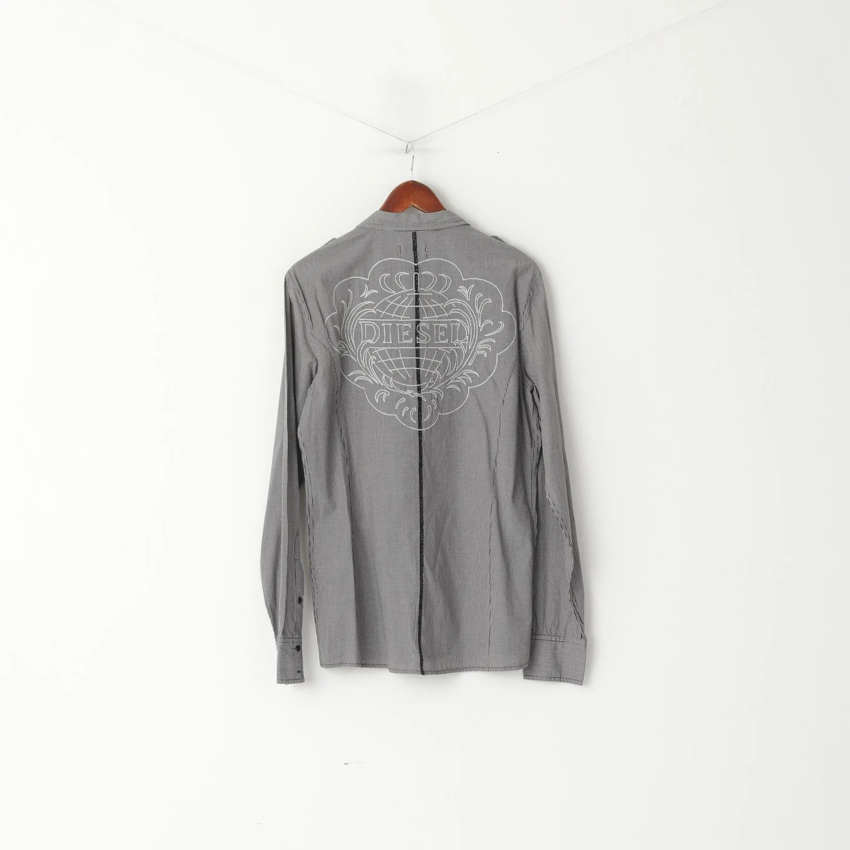 Diesel Mens L Casual Shirt Black White Checkered Cotton Embroidered Slim fit Top