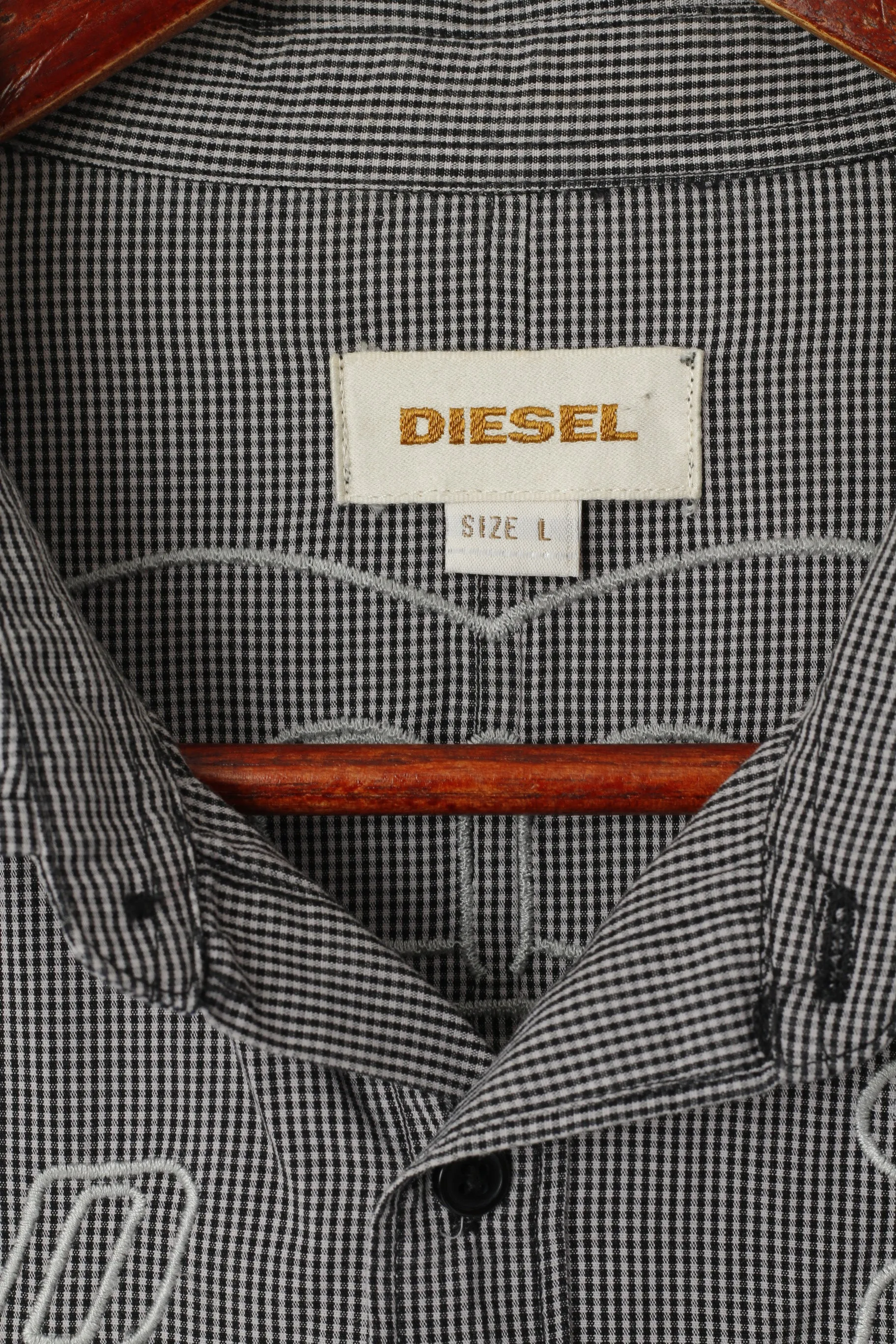 Diesel Mens L Casual Shirt Black White Checkered Cotton Embroidered Slim fit Top