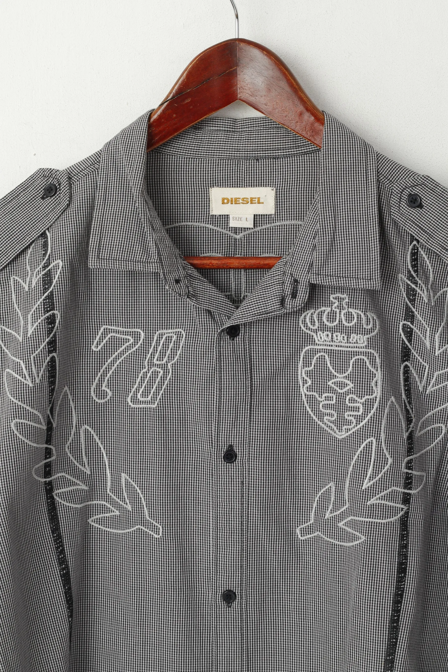 Diesel Mens L Casual Shirt Black White Checkered Cotton Embroidered Slim fit Top