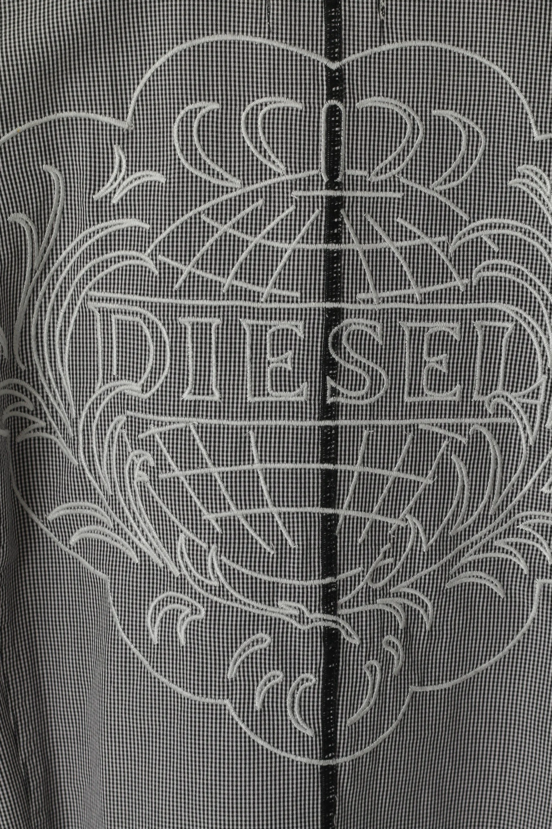 Diesel Mens L Casual Shirt Black White Checkered Cotton Embroidered Slim fit Top