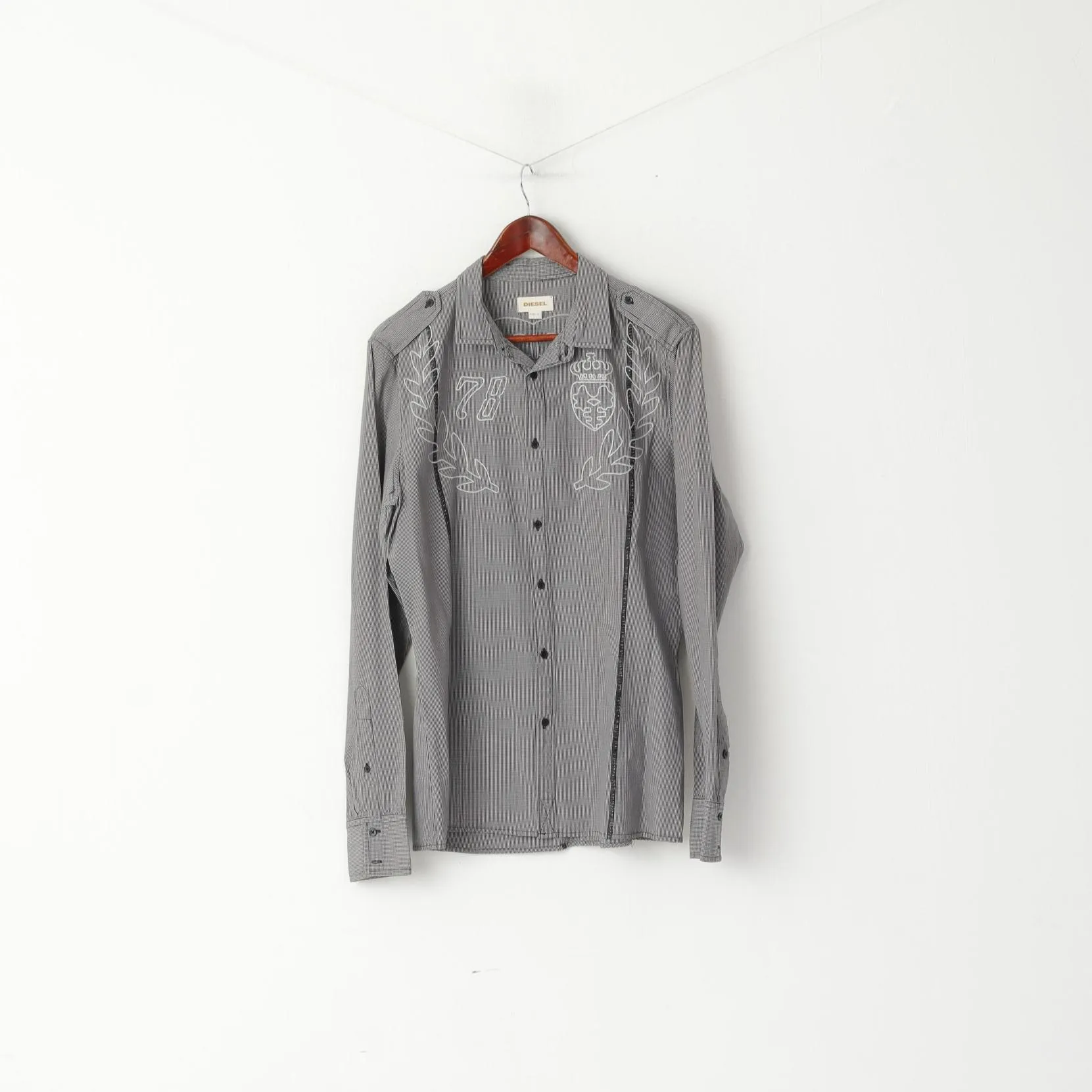 Diesel Mens L Casual Shirt Black White Checkered Cotton Embroidered Slim fit Top