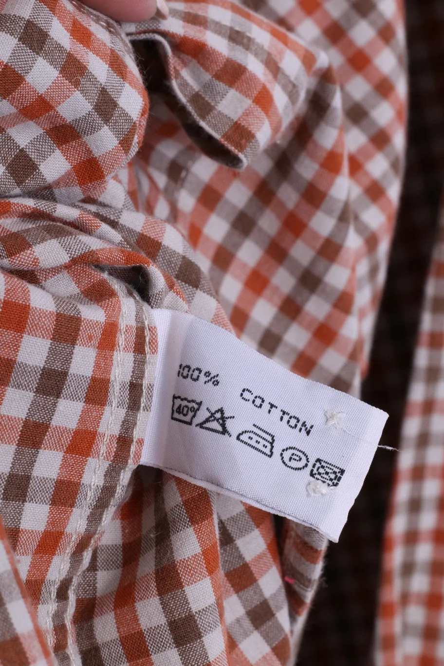 DOC Mens L Vintage Casual Shirt Check Orange Cotton Top Single Breasted