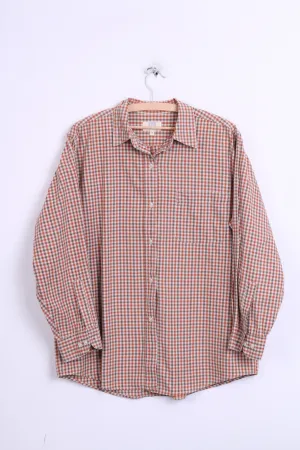 DOC Mens L Vintage Casual Shirt Check Orange Cotton Top Single Breasted