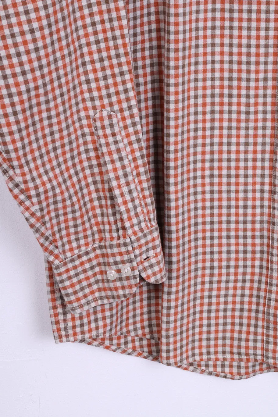 DOC Mens L Vintage Casual Shirt Check Orange Cotton Top Single Breasted