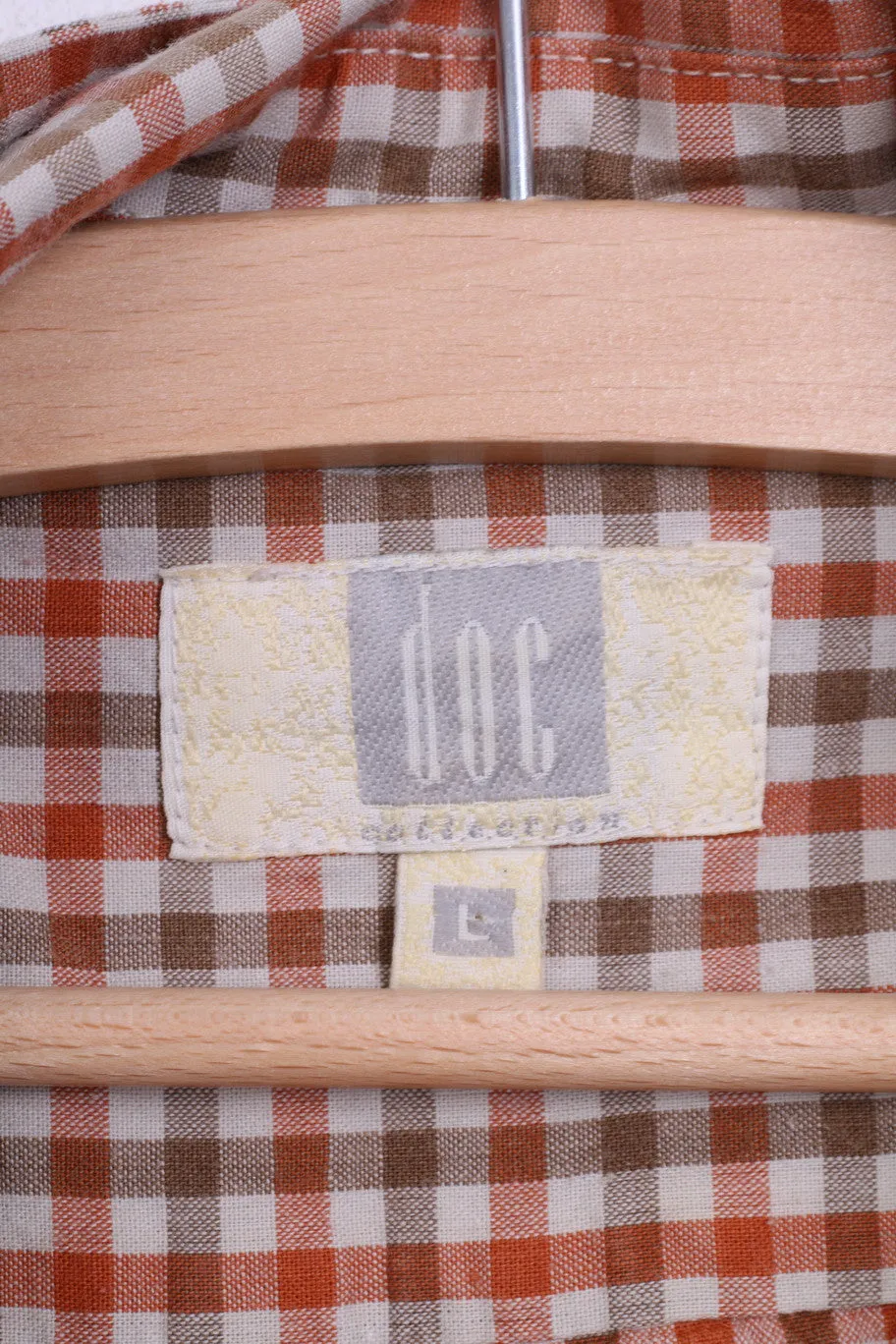 DOC Mens L Vintage Casual Shirt Check Orange Cotton Top Single Breasted