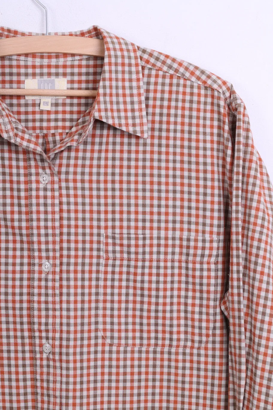 DOC Mens L Vintage Casual Shirt Check Orange Cotton Top Single Breasted