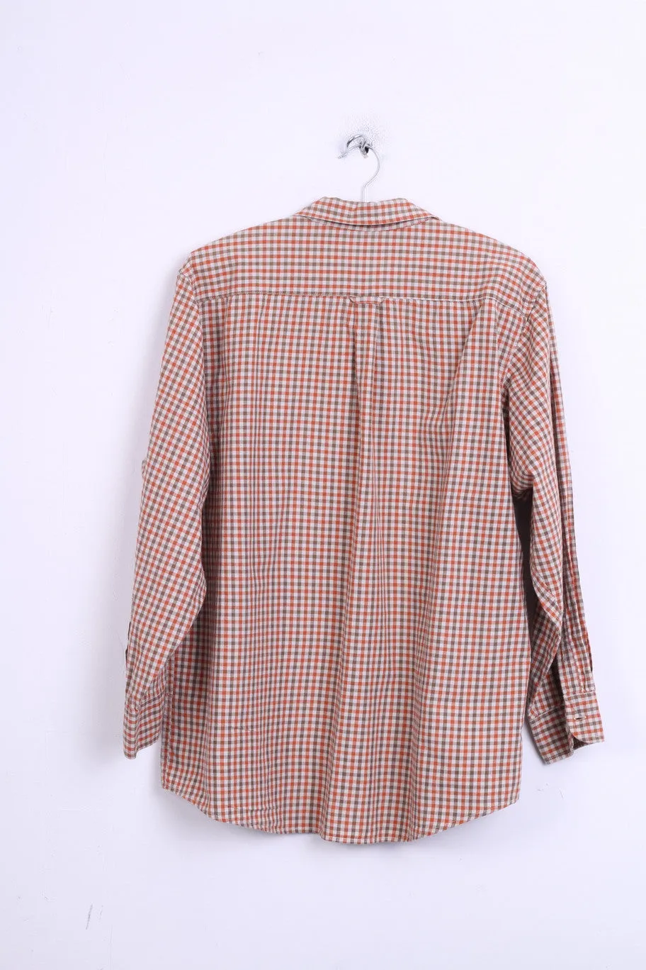 DOC Mens L Vintage Casual Shirt Check Orange Cotton Top Single Breasted
