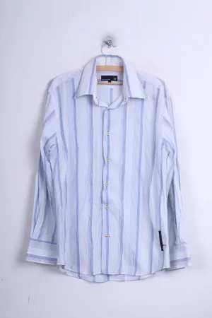 Duck and Cover Mens L Casual Shirt Point Collar Striped White Cotton
