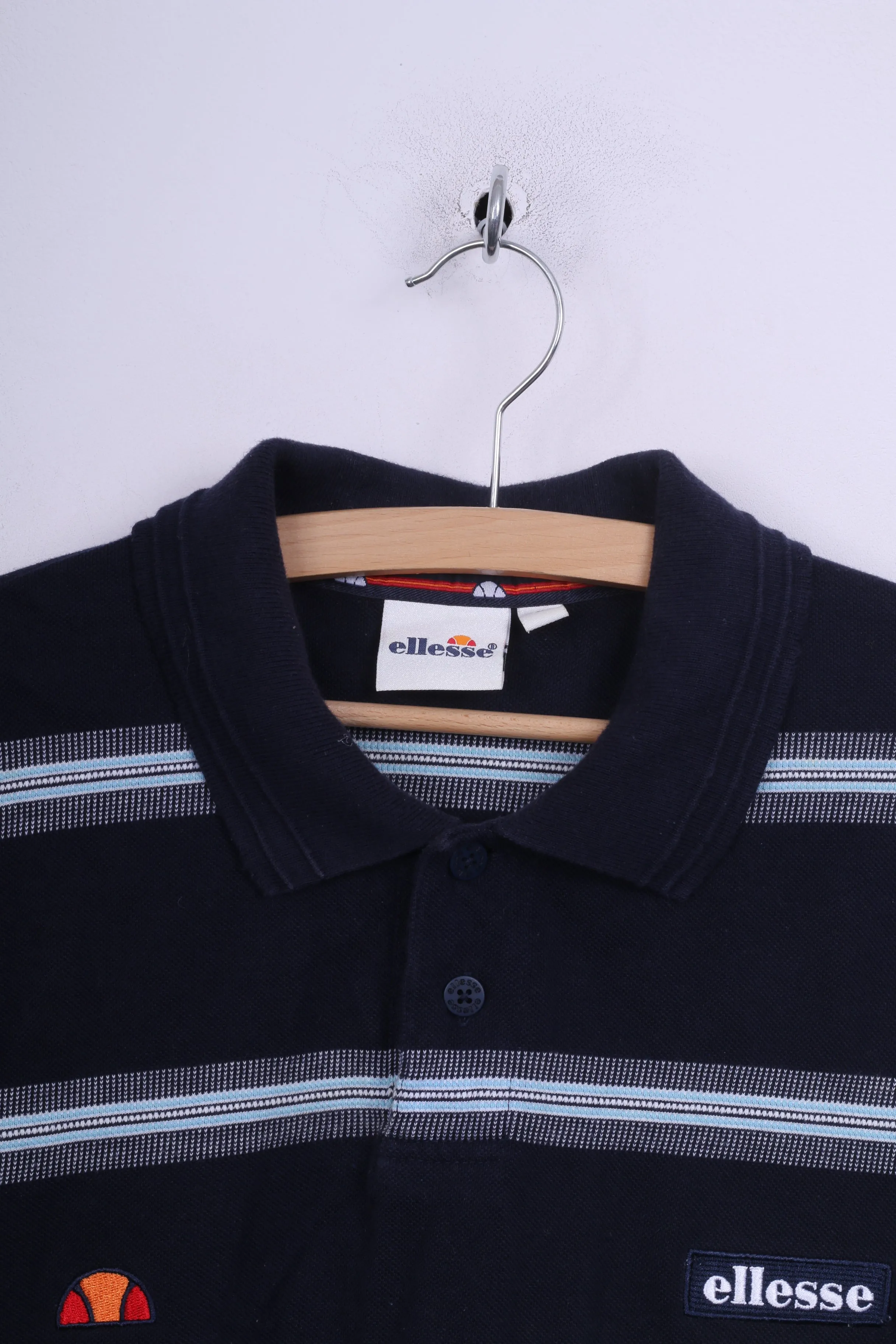 Ellesse Mens L Polo Shirt Mens L Polo Shirt Navy Striped Cotton Short Sleeve