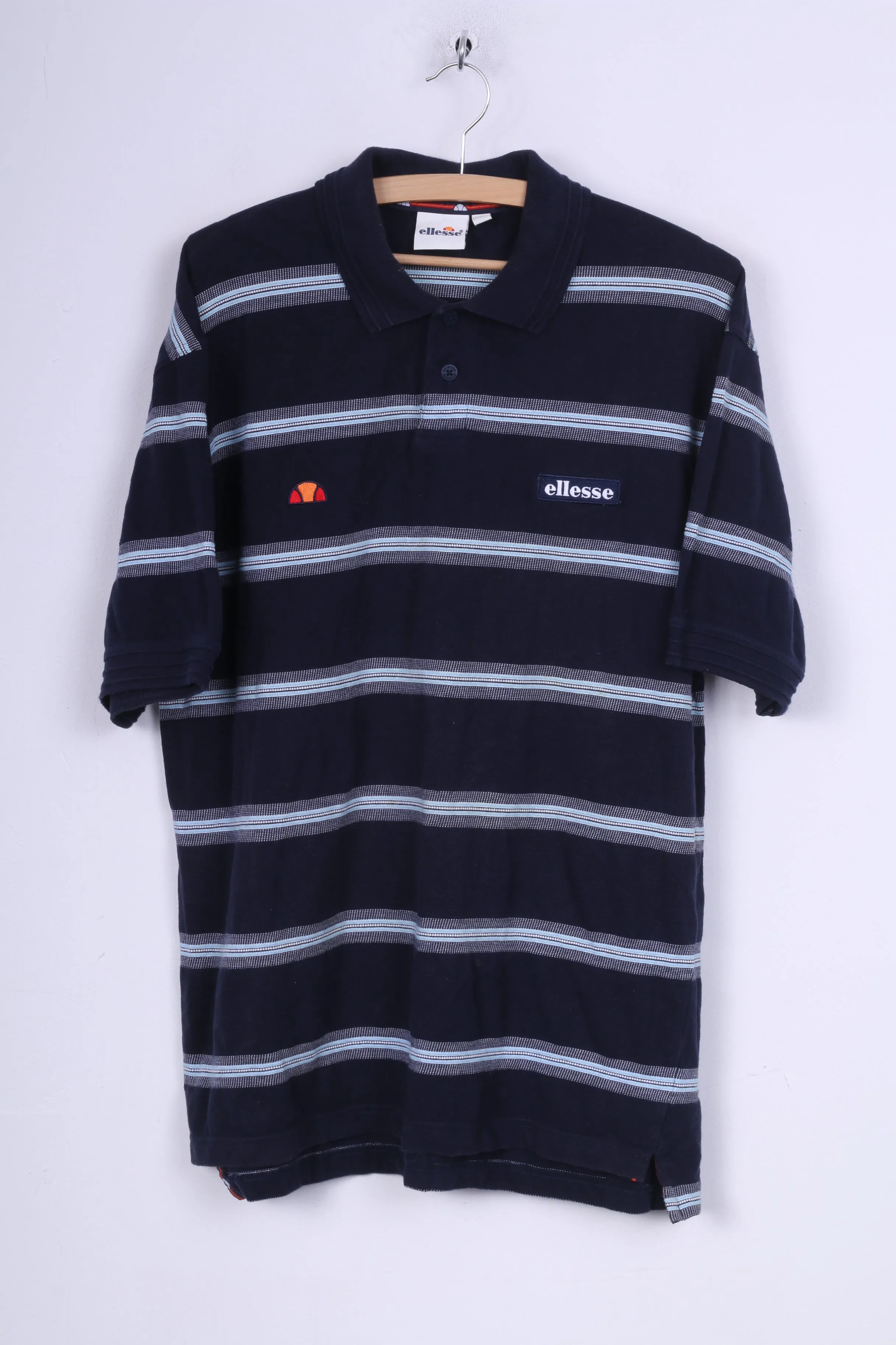 Ellesse Mens L Polo Shirt Mens L Polo Shirt Navy Striped Cotton Short Sleeve