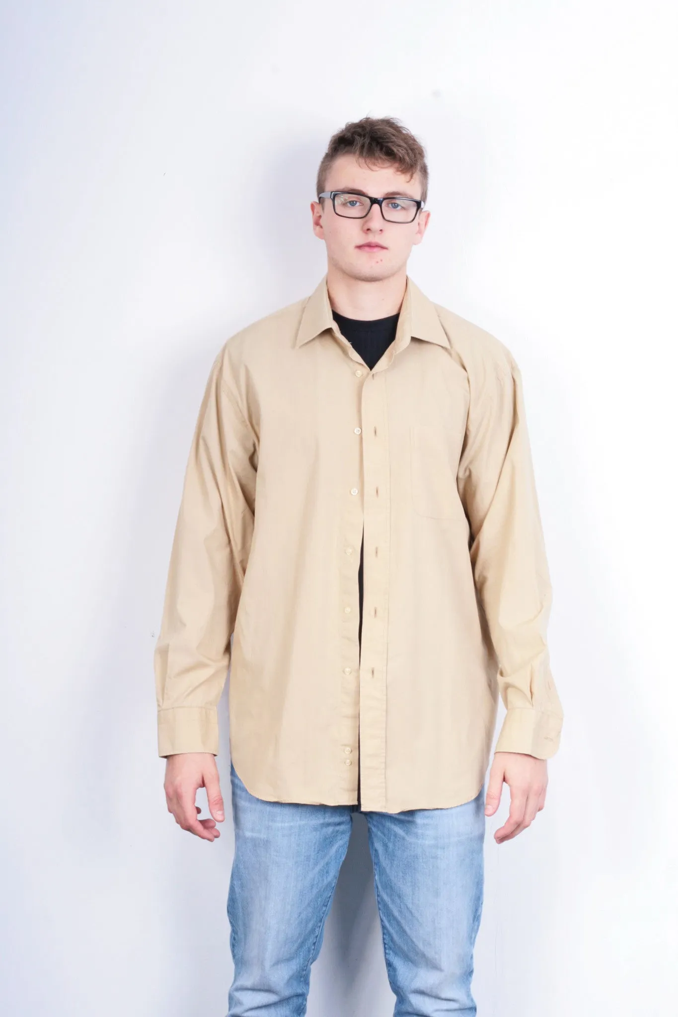 Feraud Paris Mens 44 17.5 Casual Shirt Beige Cotton
