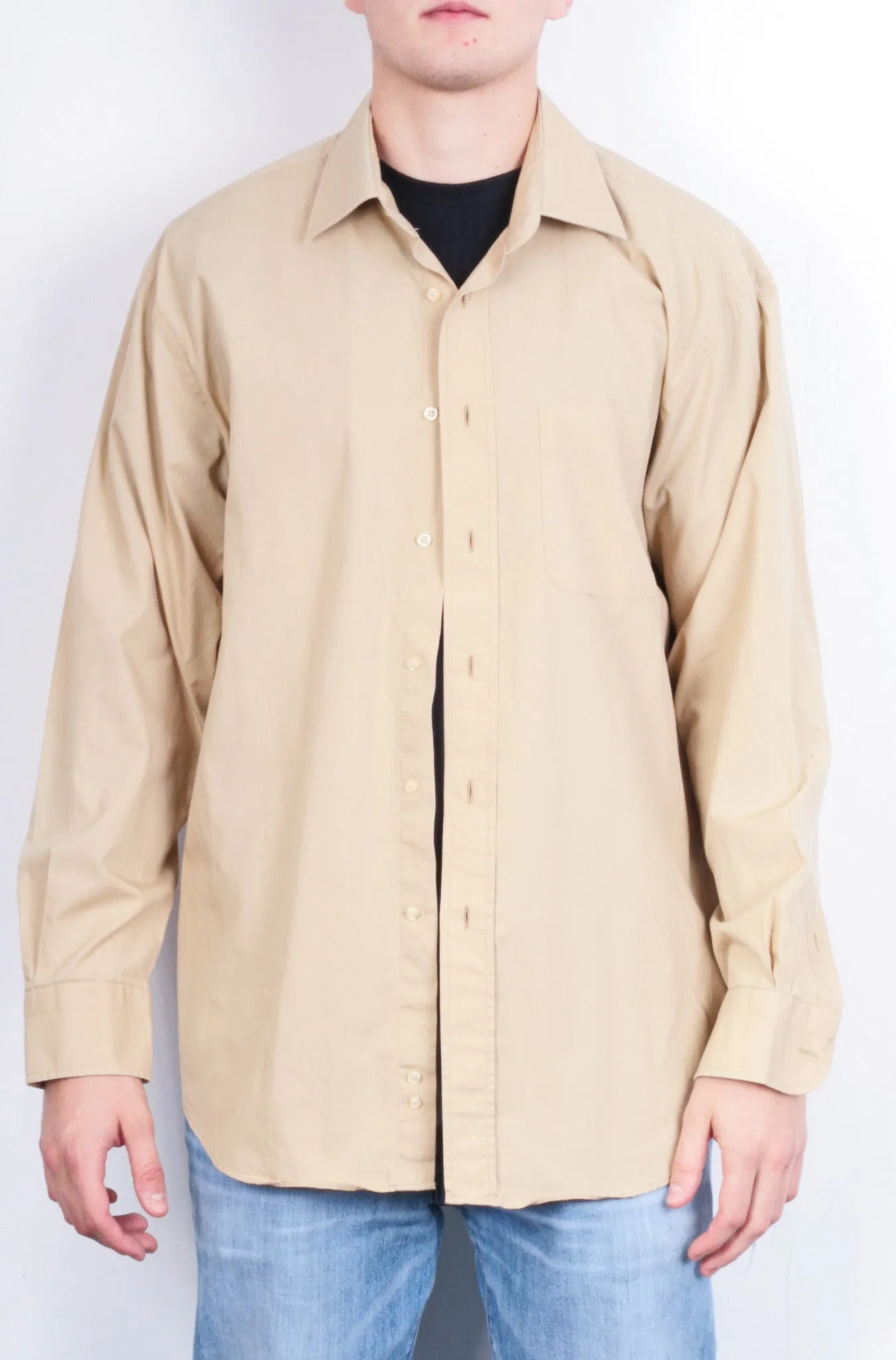 Feraud Paris Mens 44 17.5 Casual Shirt Beige Cotton