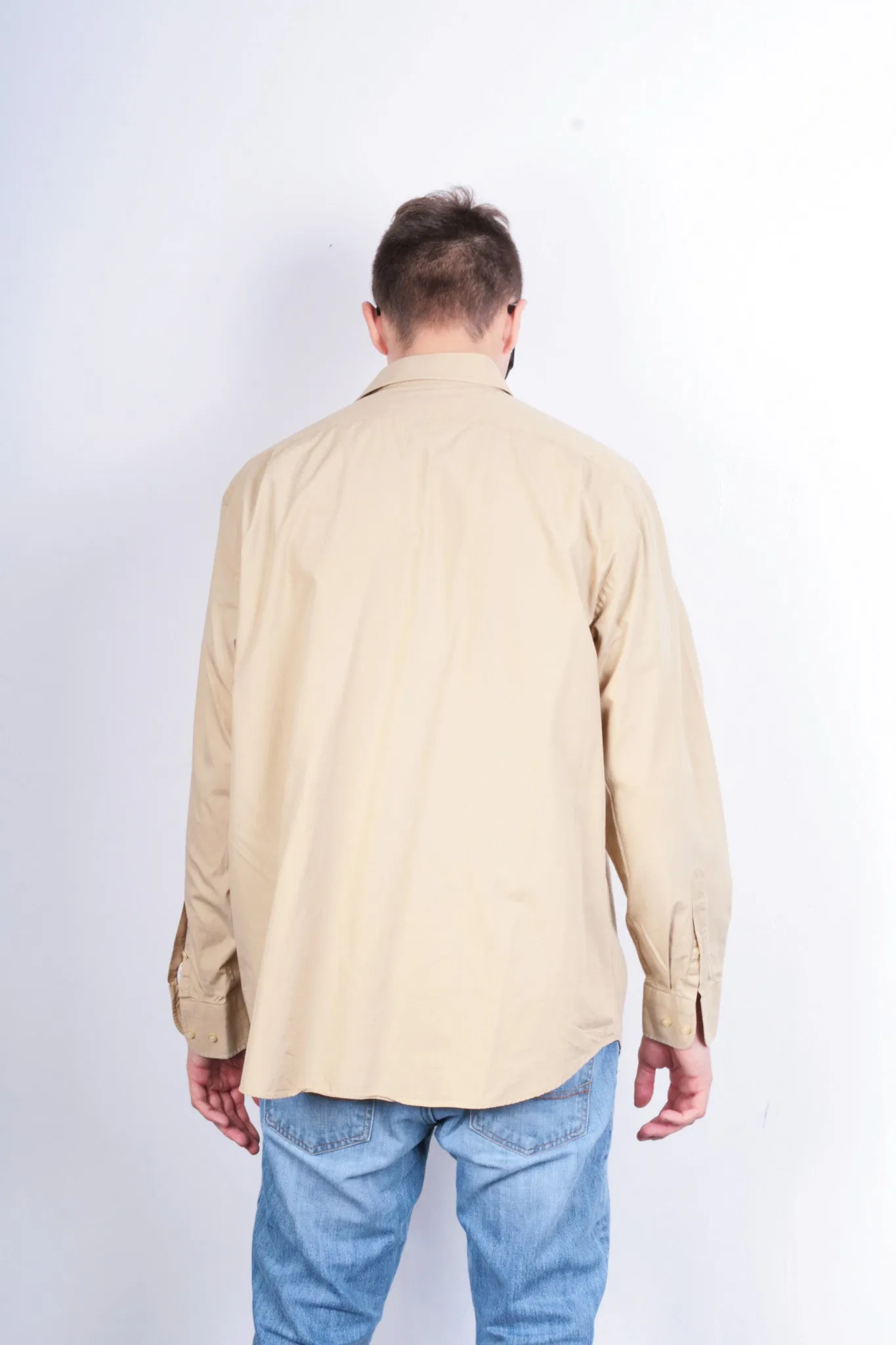 Feraud Paris Mens 44 17.5 Casual Shirt Beige Cotton