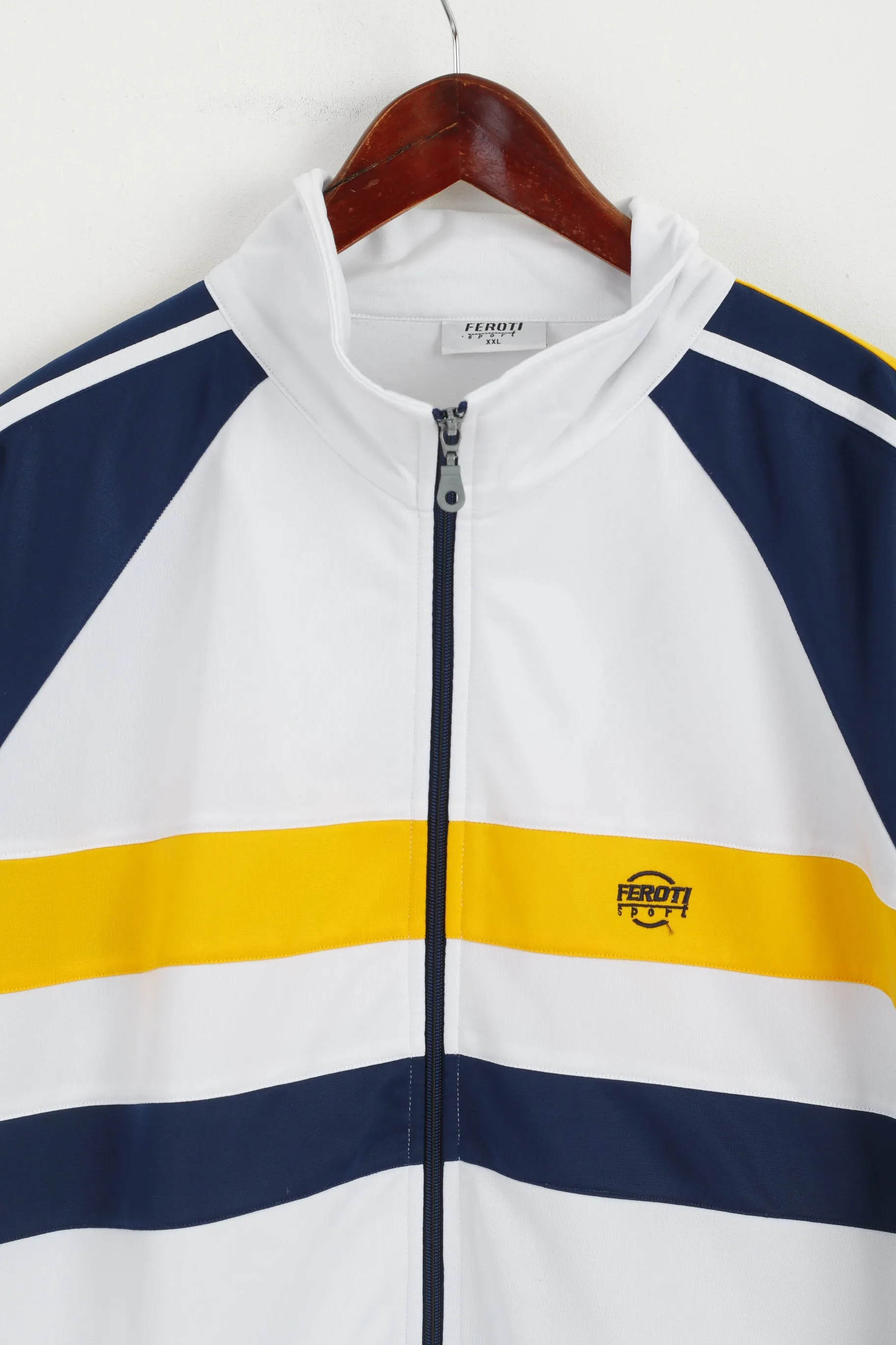 Feroti Sport Men XXL Sweatshirt White Navy Shiny Full Zipper Oldschool Retro Top