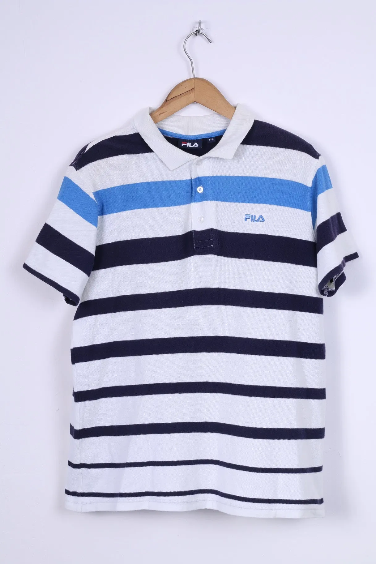 FILA Mens L Polo Shirt White Striped Blue Short Sleeve Cotton Sport Detailed Buttons