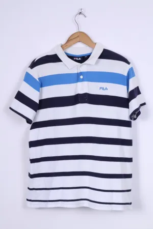 FILA Mens L Polo Shirt White Striped Blue Short Sleeve Cotton Sport Detailed Buttons