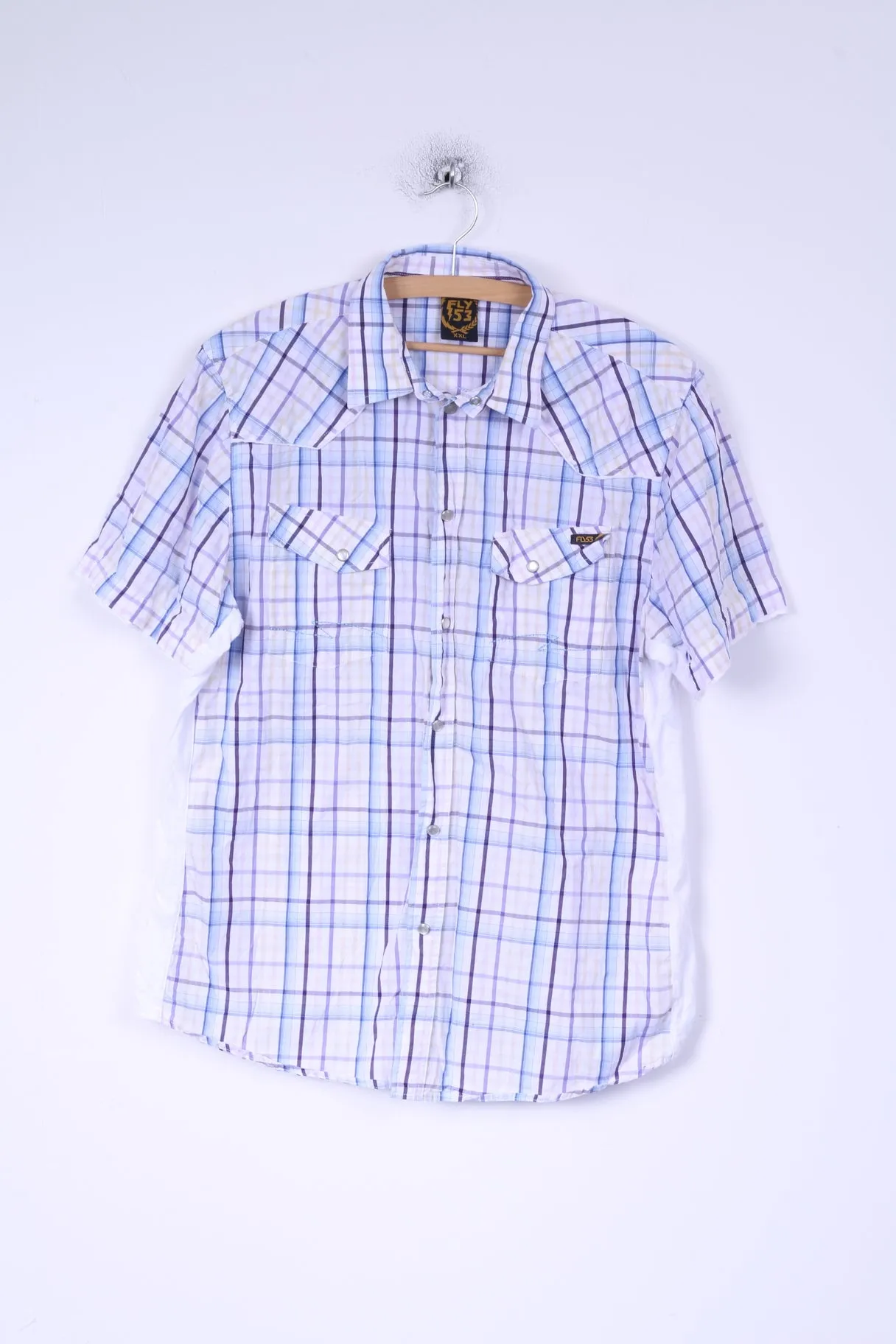 FLY 53 Mens XXL (M)  Casual Shirt White  Blue Checkered Cotton Short Sleeve