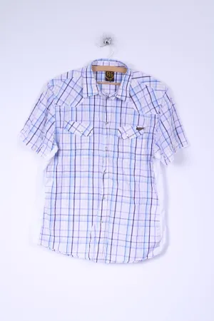 FLY 53 Mens XXL (M)  Casual Shirt White  Blue Checkered Cotton Short Sleeve