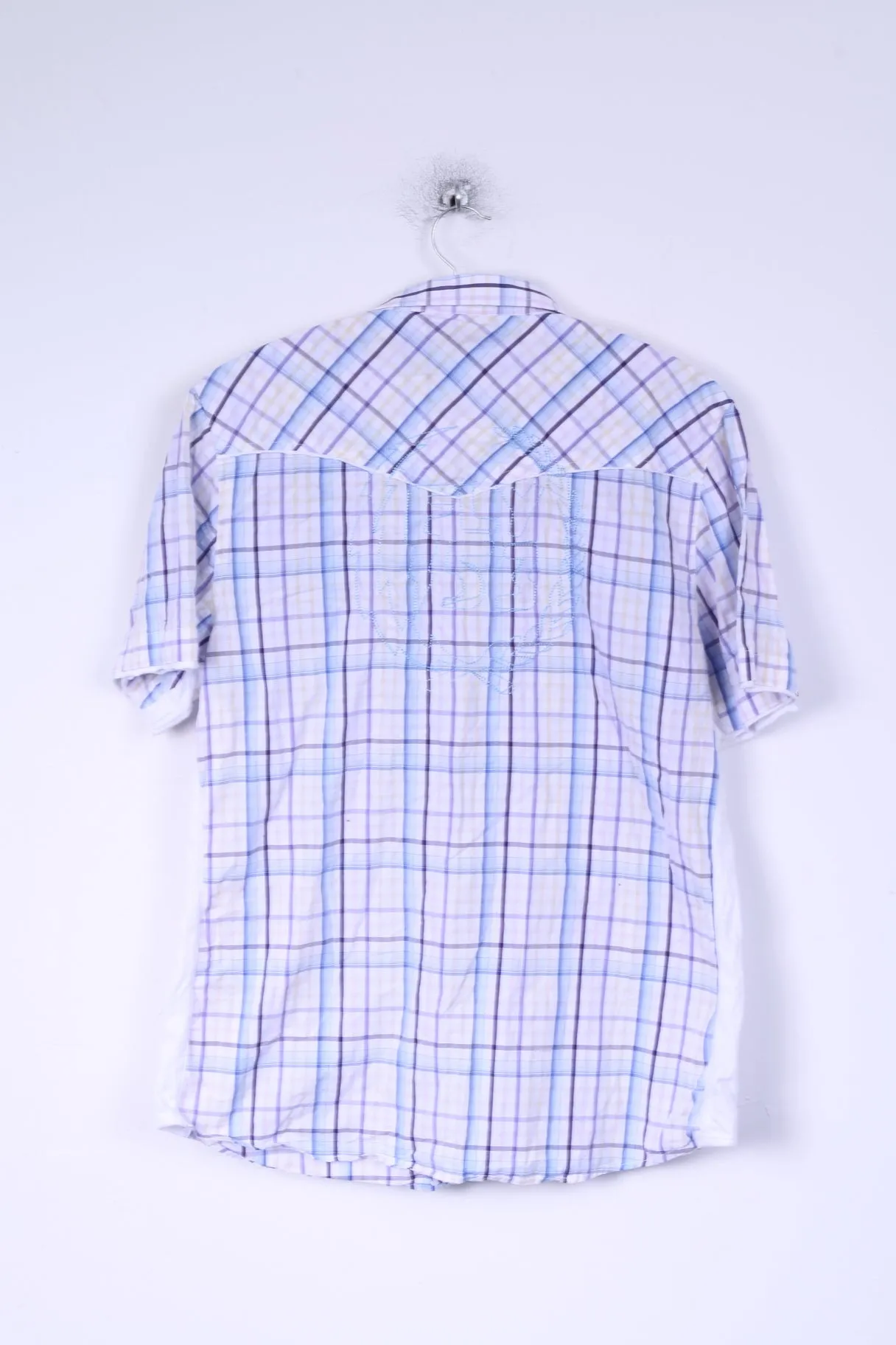 FLY 53 Mens XXL (M)  Casual Shirt White  Blue Checkered Cotton Short Sleeve