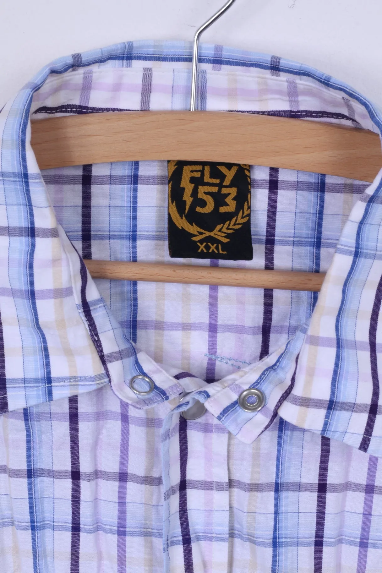 FLY 53 Mens XXL (M)  Casual Shirt White  Blue Checkered Cotton Short Sleeve