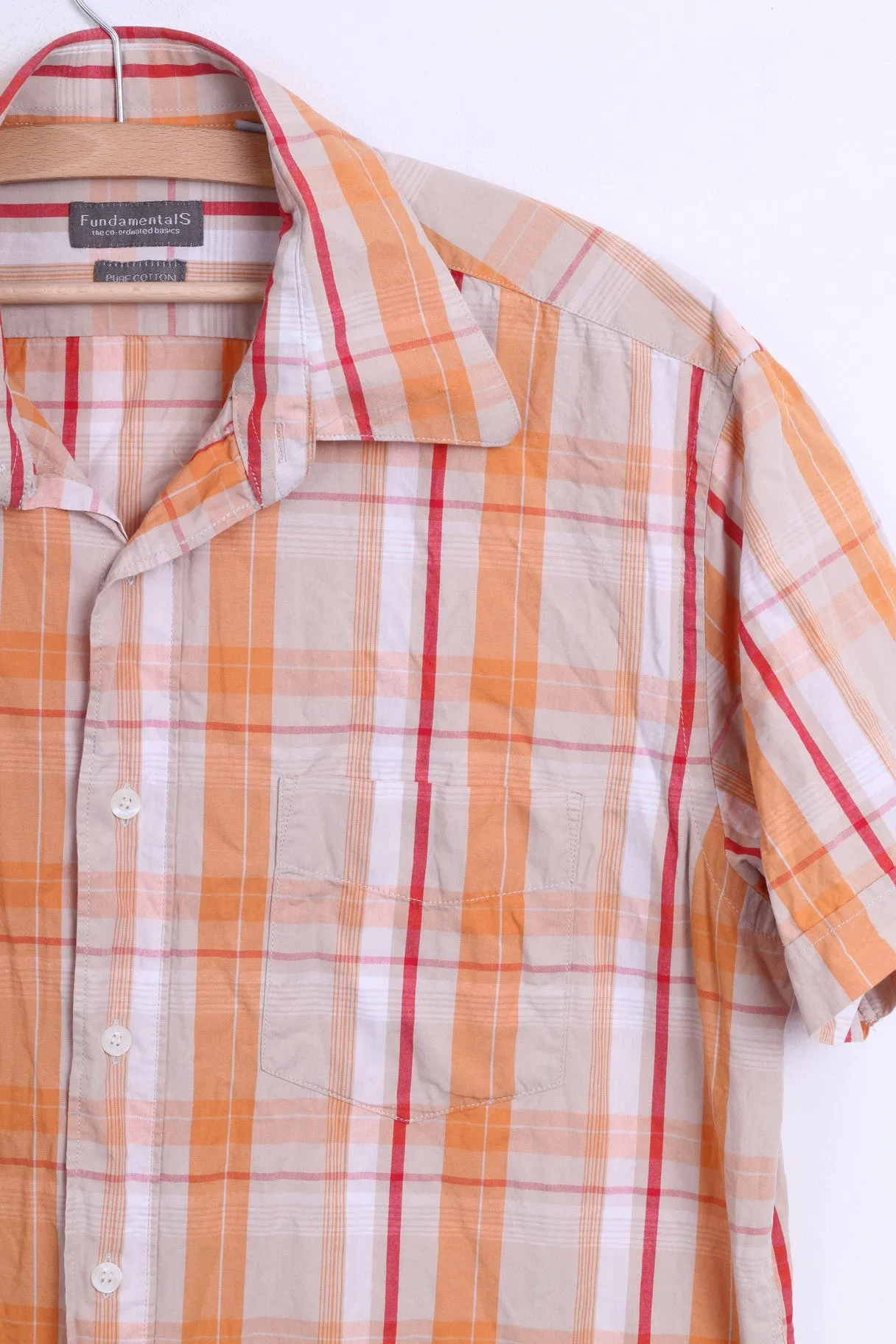 Fundamentals Mens L Casual Shirt Check Orange Pure Cotton Top