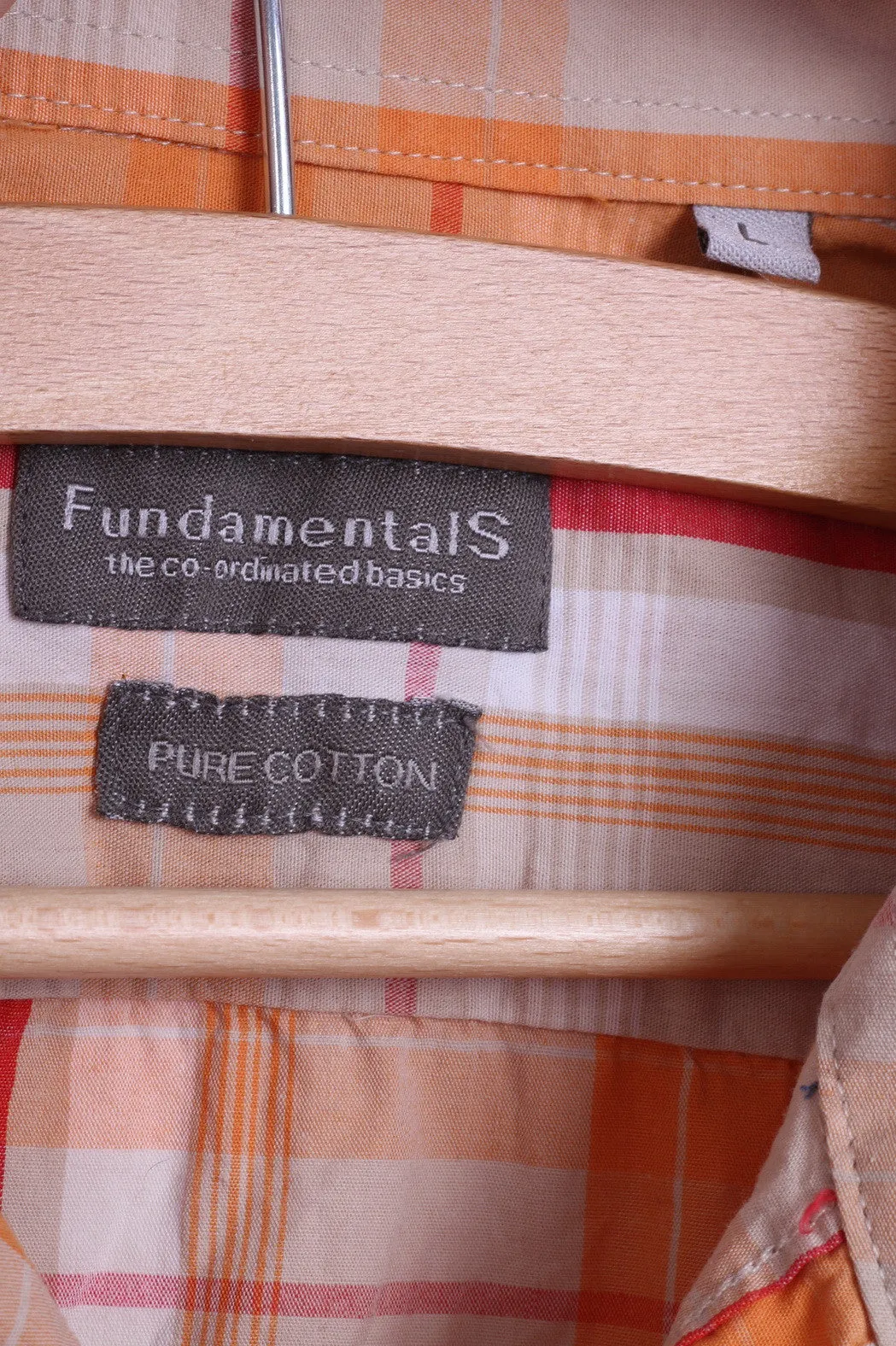 Fundamentals Mens L Casual Shirt Check Orange Pure Cotton Top