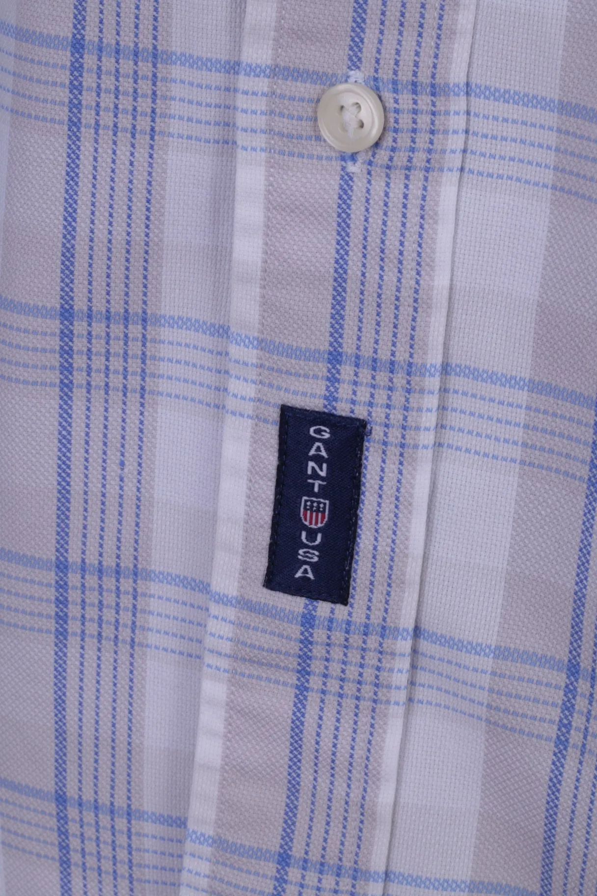 GANT Mens XL Casual Shirt Beige Check Cotton 50's Pique Long Sleeve Regular Fit