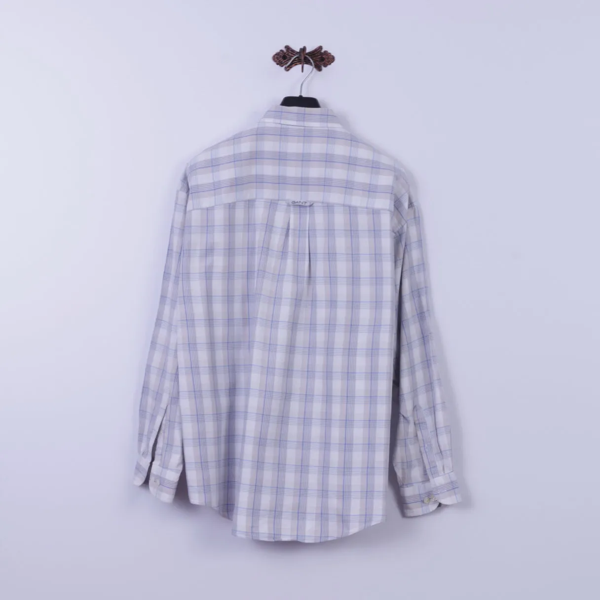 GANT Mens XL Casual Shirt Beige Check Cotton 50's Pique Long Sleeve Regular Fit