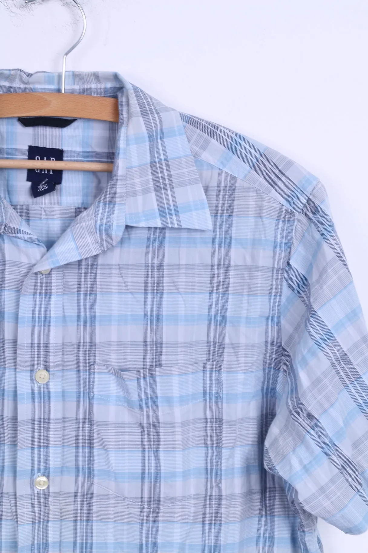 GAP Mens M Casual Shirt Blue Checkered Cotton Relaxed Short Sleeve