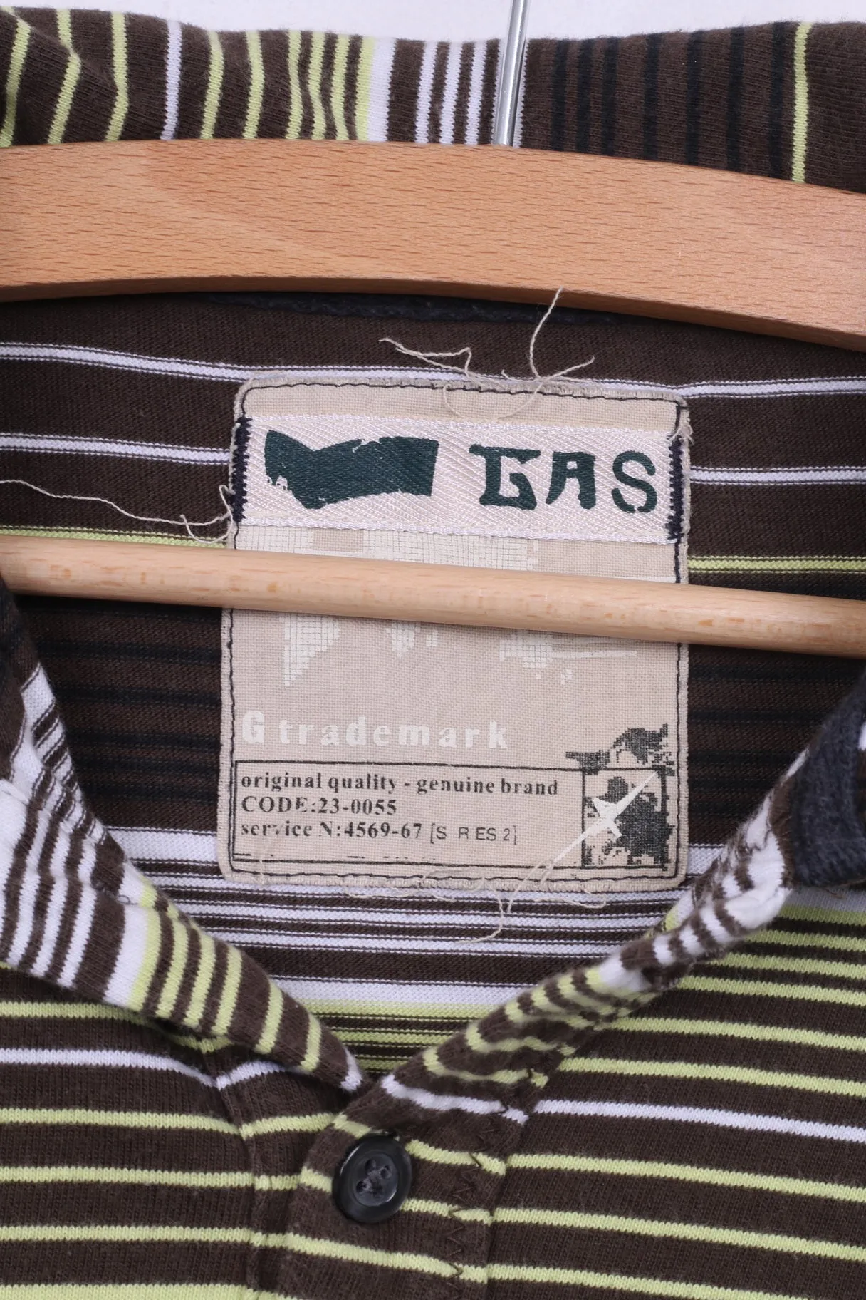 Gas Mens S Polo Shirt Brown Striped Long Sleeve Cotton