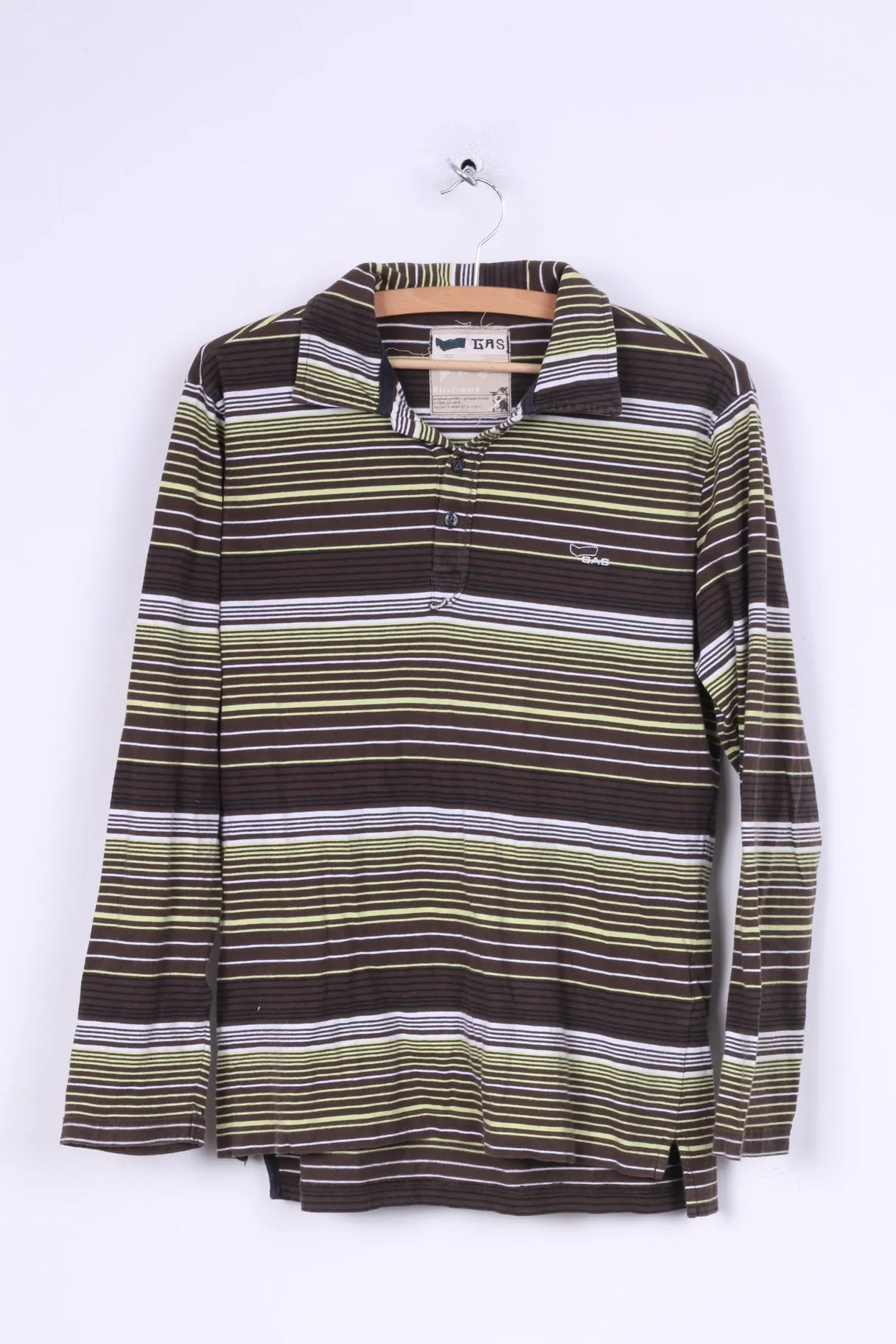 Gas Mens S Polo Shirt Brown Striped Long Sleeve Cotton