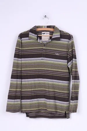Gas Mens S Polo Shirt Brown Striped Long Sleeve Cotton
