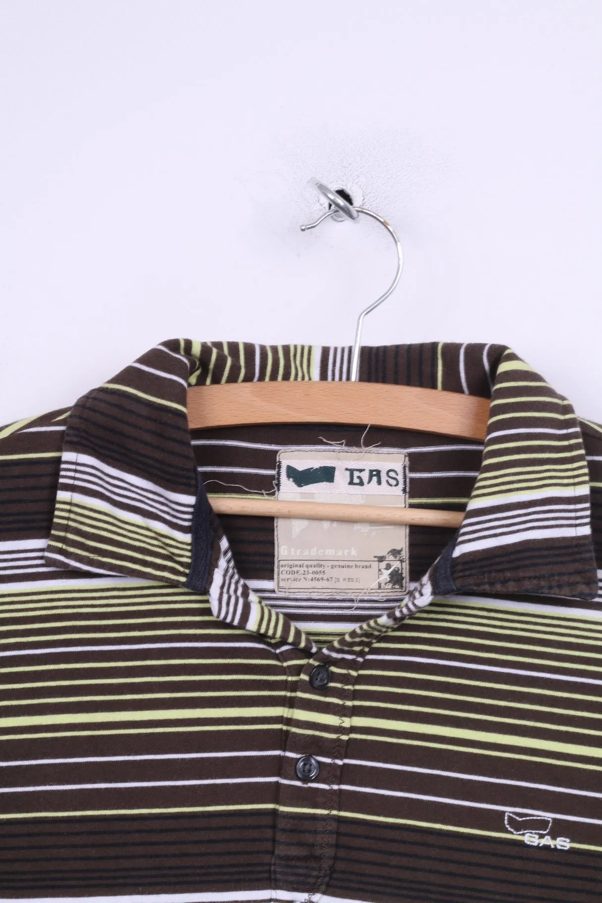 Gas Mens S Polo Shirt Brown Striped Long Sleeve Cotton