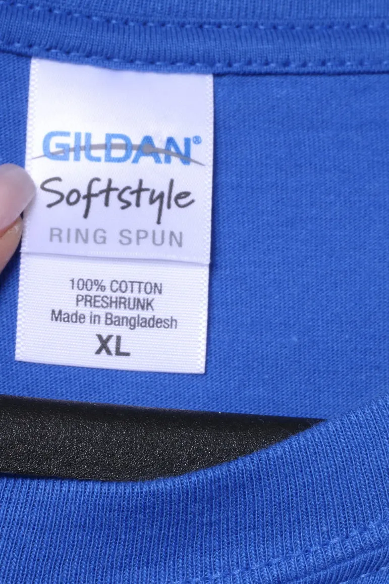 Gildan Mens XL T-Shirt Blue Cotton Classic Graphic Tee Crew Neck Top