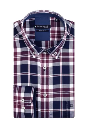 Giordano Ivy Long Sleeved Shirt Blue Burgundy Check