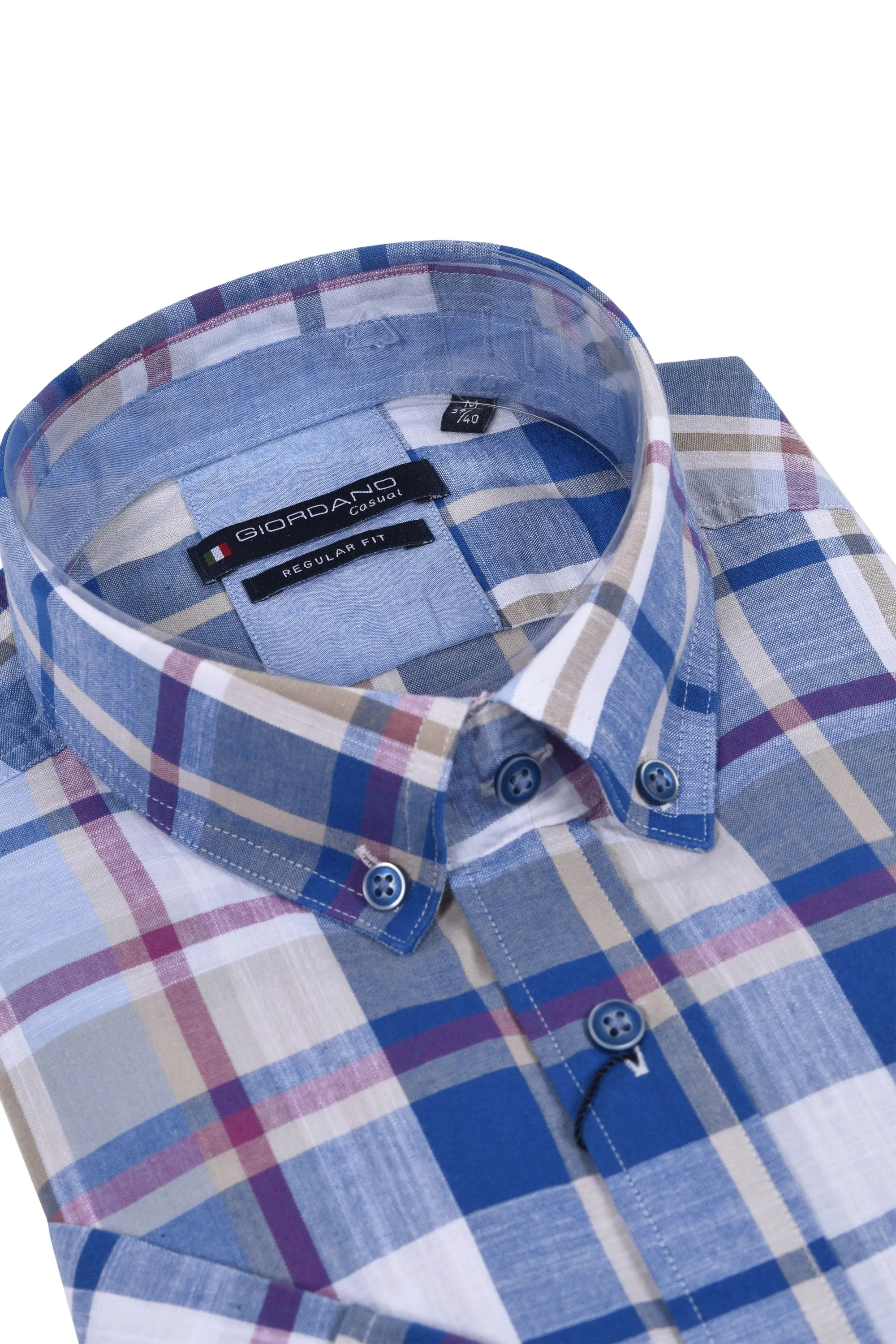 Giordano Regular Fit Short Sleeve Shirt Blue Stone Check